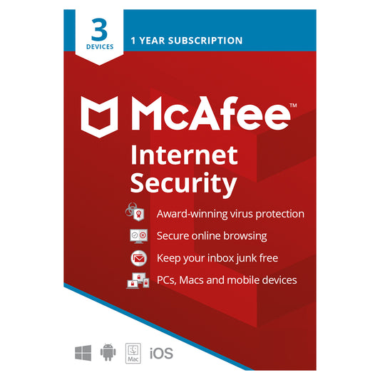 McAfee Internet Security, 3 Devices, 1 Year Licence Key