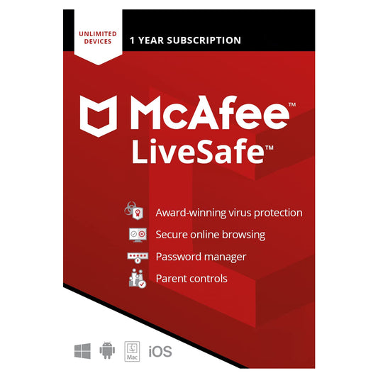McAfee LiveSafe, Unlimited Devices, 1 Year Licence Key