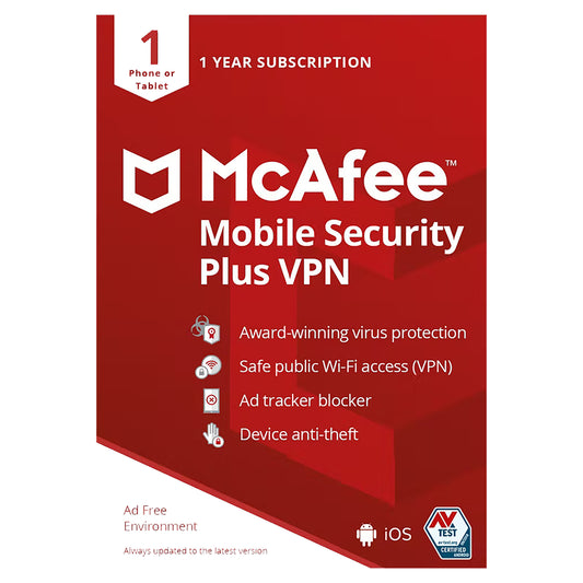 McAfee Mobile Security Plus VPN, 1 Device, 1 Year Licence Key