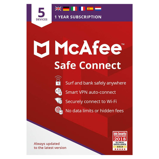 McAfee Safe Connect Premium VPN, 5 Devices, 1 Year Licence Key