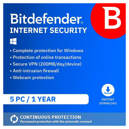 Bitdefender Internet Security Antivirus 5 PCs 1 Year Licence Key – Instant Download