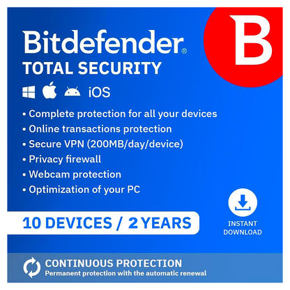 Bitdefender Total Security Antivirus 10 Devices 2 Years Licence Key – Instant Download