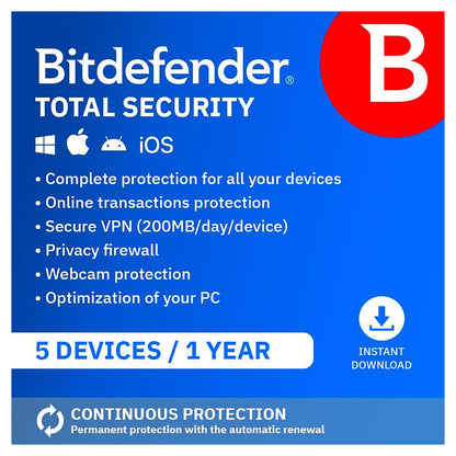 Bitdefender Total Security Antivirus 3 Devices 1 Year Licence Key – Instant Download