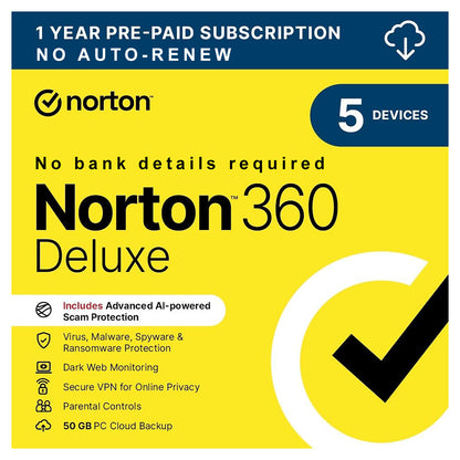 Norton 360 Deluxe Antivirus 5 Devices 1 Year No Subscription Licence Key – Instant Download